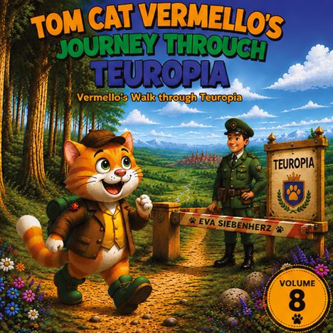 Der Titel ist "Tom Cat Vermello's Journey Through Teuropa". Ein lachender, orangefarbener Kater wandert durch einen Wald, begleitet von einem uniformierten Mann. Ein Schild zeigt den Namen "Teuropa". Es ist Band 8.