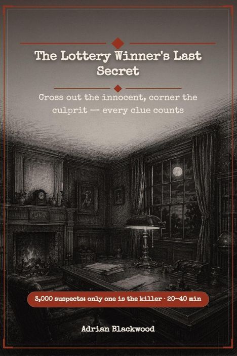 Texte: „The Lottery Winner's Last Secret”, „Cross out the innocent, corner the culprit -- every clue counts”, „3,000 suspects: only one is the killer • 20-40 min”, „Adrian Blackwood”. Illustration: Ein stilvoll eingerichtetes Zimmer mit Kamin und großem Fenster.