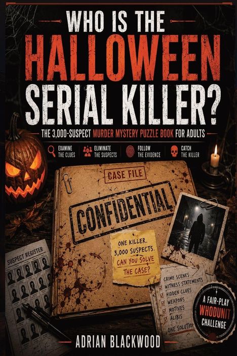 Text: "Who is the Halloween Serial Killer?" Ein Aktenordner mit "Confidential", Kerze und Kürbis daneben.