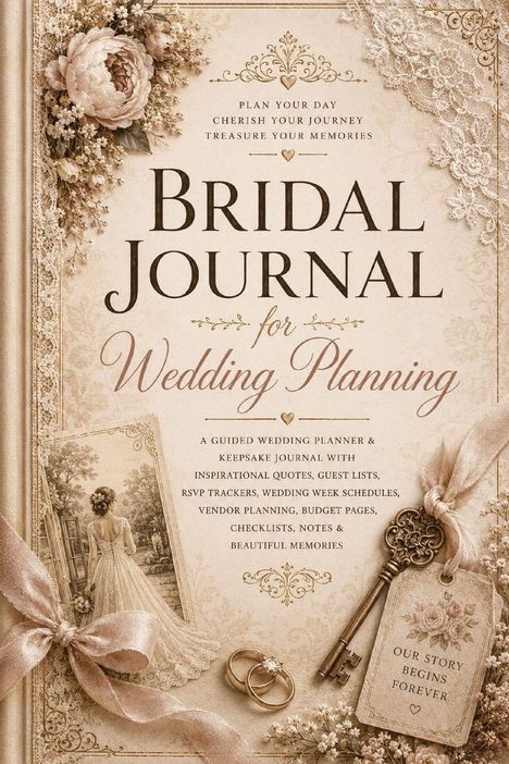 "Bridal Journal for Wedding Planning", Verzierungen, Spitze, Blumen, Schleifen, antiker Schlüssel, Hochzeitsfoto, Ringe.
