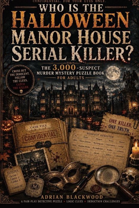 "Who is the Halloween Manor House Serial Killer?" Ein Herrenhaus mit Kürbissen, Kerzen, Aktenordner, Lupe, Maske.