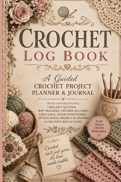 "CROCHET LOG BOOK: Ein geführtes Häkelprojekt-Planungs-Journal mit Zitaten, Trackern. Garn, Häkelnadeln, Spitzen und Blumen."