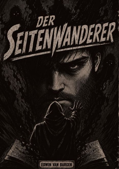 „Der Seitenwanderer“ und „Edwin van Bargen“. Illustration eines düsteren Mannes mit Kapuze vor einem aufgeschlagenen Buch.