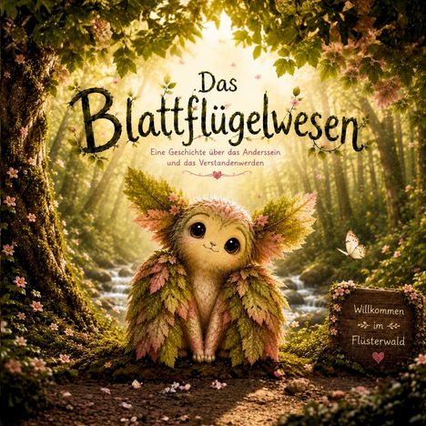 "Das Blattflügelwesen: Eine Geschichte über das Anderssein und das Verstandensein. Willkommen im Flüsterwald." Ein niedliches Wesen mit Blättern, umgeben von Wald.