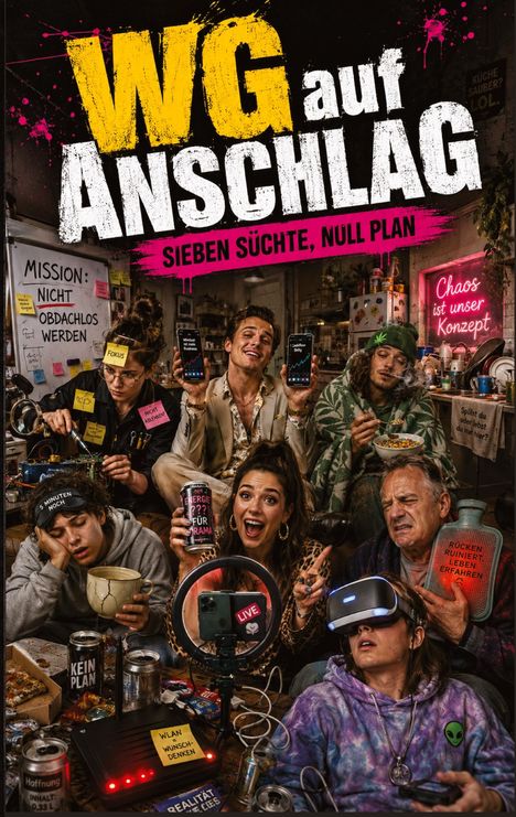 "WG auf Anschlag: Sieben Süchte, null Plan". Eine chaotische Gruppe in einer unordentlichen Wohnung mit vielen Requisiten.