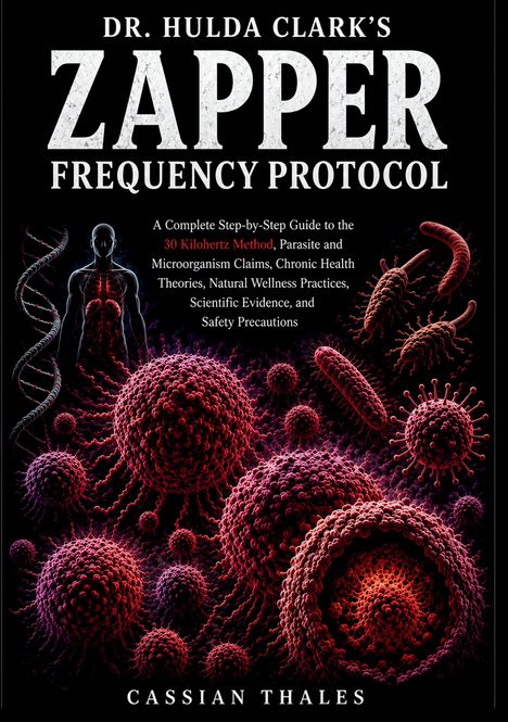 "Dr. Hulda Clark's Zapper Frequency Protocol". Illustration mit Viren und einem menschlichen Körper.