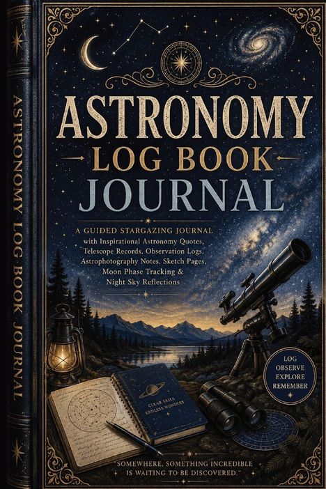 "ASTRONOMY LOG BOOK JOURNAL". Illustration von Nachtlandschaft mit Teleskop, Notizbuch und Laterne unter Sternenhimmel.