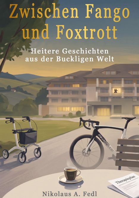 „Zwischen Fango und Foxtrott“ ist der Titel. Ein Rollator, ein Fahrrad und eine Kaffeetasse stehen vor einem Gebäude.