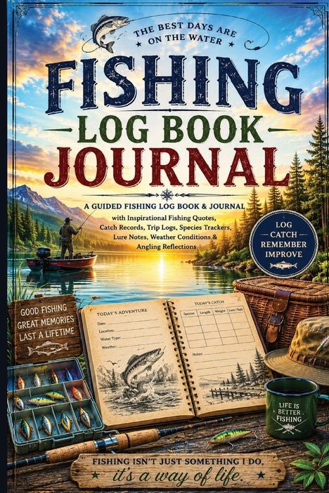 "THE BEST DAYS ARE ON THE WATER. FISHING LOG BOOK JOURNAL. Good fishing great memories last a lifetime." Fischer auf See.