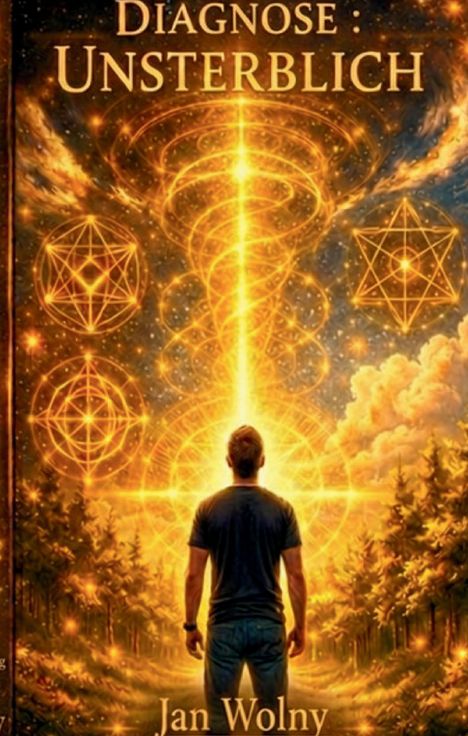 „Diagnose: Unsterblich“, „Jan Wolny“. Illustration: Person vor leuchtendem Himmel mit geometrischen Mustern.