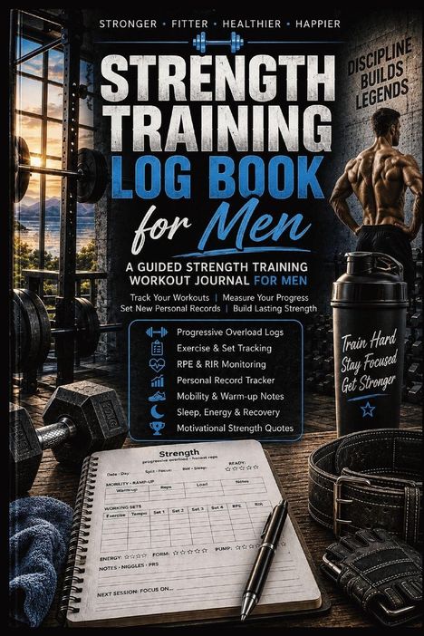 Bild mit "Strength Training Log Book for Men", Hantel, Notizbuch und Shaker. Rugged Fitness-Studio-Atmosphäre.