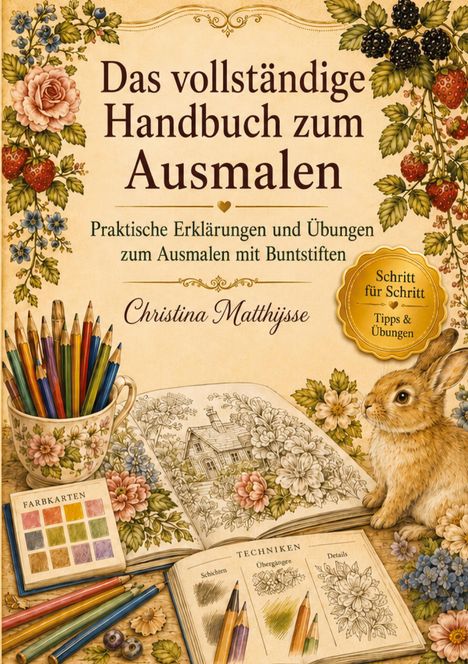 "Das vollständige Handbuch zum Ausmalen. Christina Matthijsse. Illustration von Blumen, Buntstiften und einem Hasen."