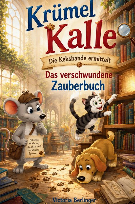 "Krümel Kalle, Die Keksbande ermittelt, Das verschwundene Zauberbuch. Hinweis: Achte auf Zeichen und versteckte Spuren!"  
Eine Maus, Katze und Hund in einer Bibliothek.