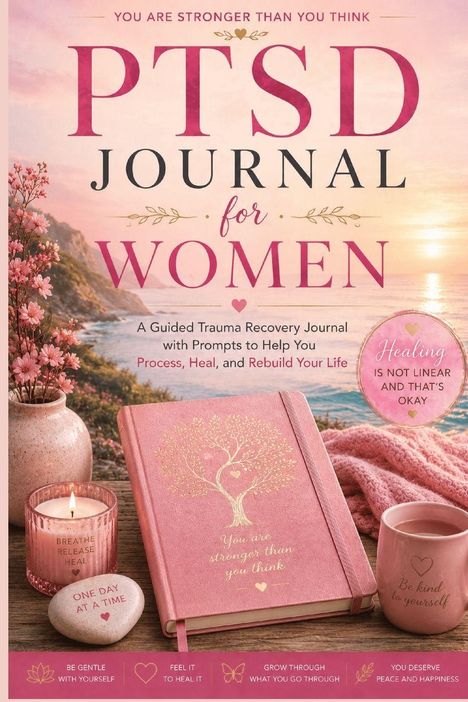 "PTSD Journal for Women" in rosa Schrift. Ein Notizbuch, Kerze und Tasse auf einem Holzbrett, Natur im Hintergrund.