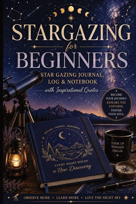 "STARGAZING for BEGINNERS" oben auf einer himmlischen, sternenklaren Szene mit Teleskop und Notizbuch.
