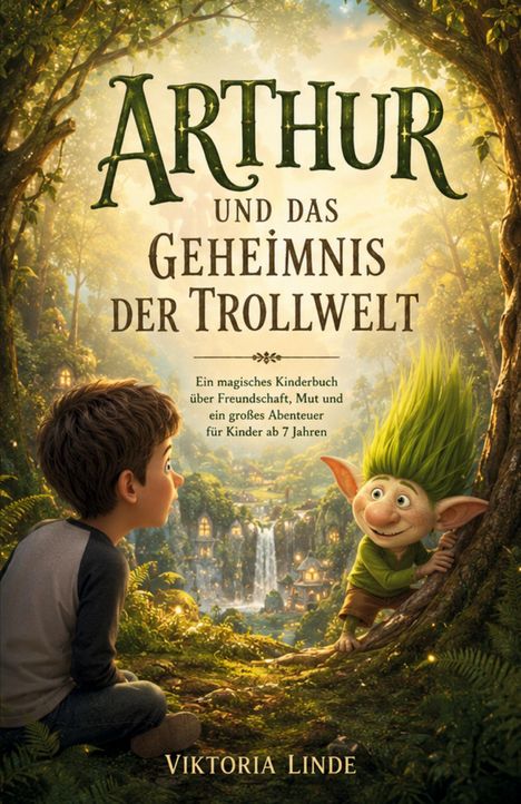 "Arthur und das Geheimnis der Trollwelt" steht über einem Jungen und einem fröhlichen Troll in einer Waldlandschaft.