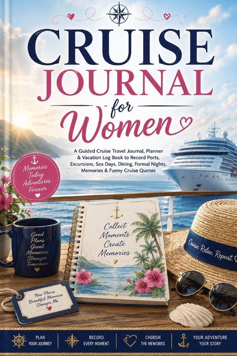 "Cruise Journal for Women" in großen Buchstaben. Ein Notebook, eine Tasse, Sonnenbrille und ein Strohhut auf einem Tisch.