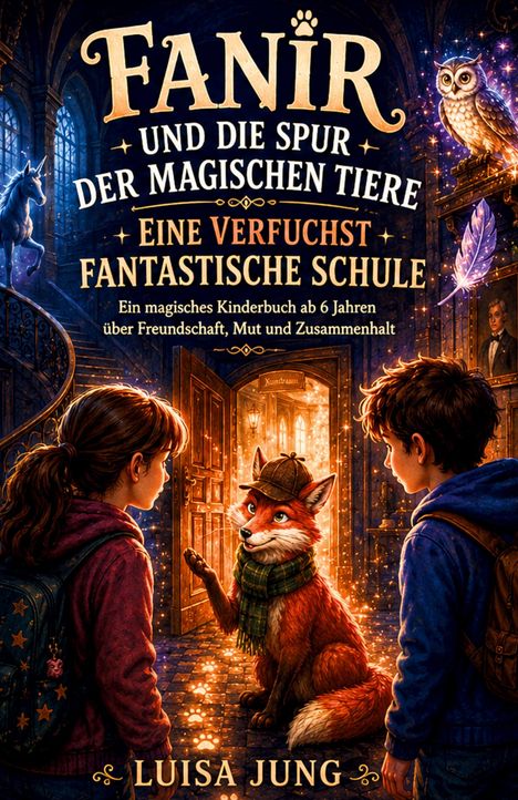 Text: "FANIR UND DIE SPUR DER MAGISCHEN TIERE. EINE VERFUCHST FANTASTISCHE SCHULE. Ein magisches Kinderbuch ab 6 Jahren..."

Ein Fuchs in Detektivkleidung ist mit zwei Kindern in einer magischen Schule, begleitet von einer Eule und einem Einhorn.