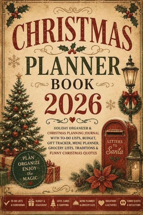 „Christmas Planner Book 2026“ mit Listen und Tipps für Feiertage. Illustration mit Baum, Geschenken und Briefkasten.