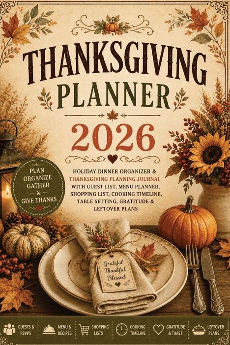 THANKSGIVING PLANNER 2026. Planen, organisieren, dankbar sein. Festlich dekorierte Szene mit Herbstmotiven.