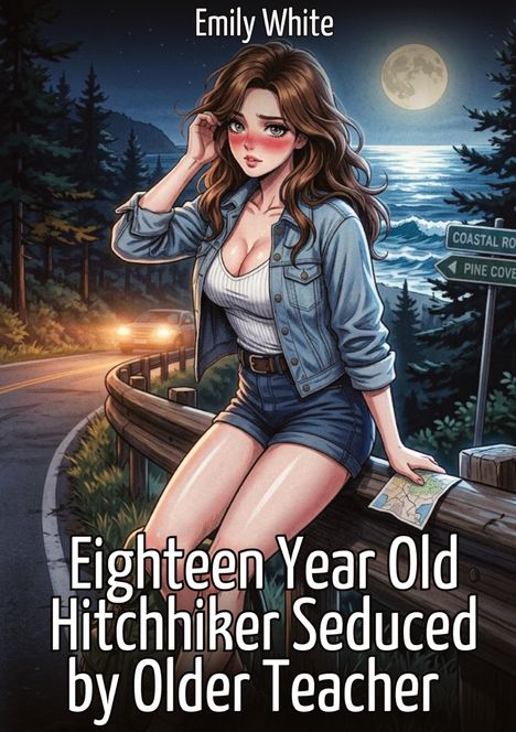 Titel: "Eighteen Year Old Hitchhiker Seduced by Older Teacher" von Emily White. Illustration: Junge Frau an Küstenstraße bei Nacht.