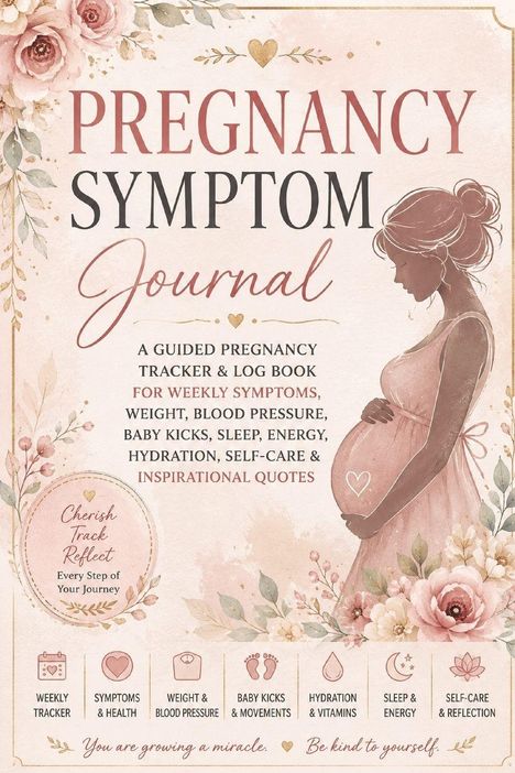 „Pregnancy Symptom Journal“: Florales Design mit schwangerer Frau, Blumenrahmen und Symbolen zu Gesundheitsbereichen.
