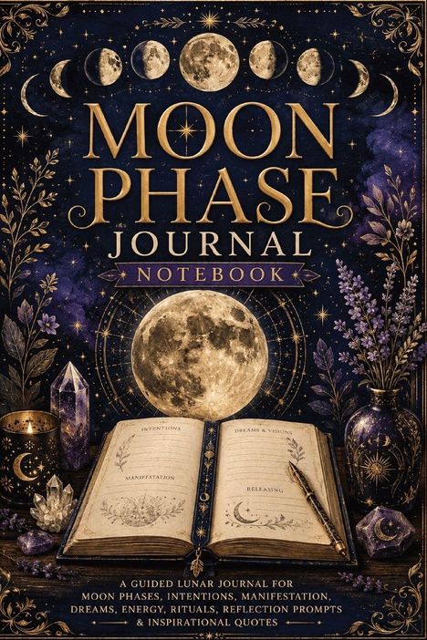 "MOON PHASE JOURNAL NOTEBOOK" ziert ein nächtliches Design mit Mondphasen, offenen Notizbuchseiten und Kristallen.