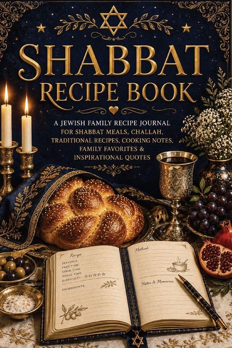 "SHABBAT RECIPE BOOK. Ein jüdisches Rezeptjournal mit Challa, traditionellen Rezepten und mehr. Bild von Challa, Kerzen, Kelch."