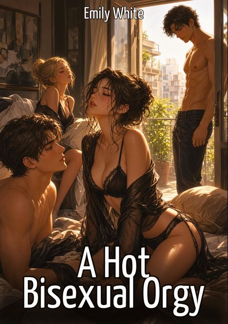 Text: "Emily White" und "A Hot Bisexual Orgy". Illustration von vier elegant gekleideten Menschen in intimer Pose.