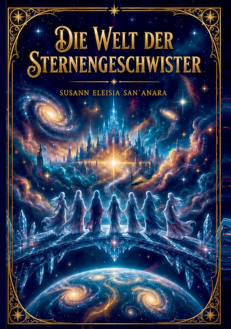 „DIE WELT DER STERNENGESCHWISTER“ von Susann Eleisia San’Anara. Fantastische Illustration mit Figuren, Galaxien, Schloss.