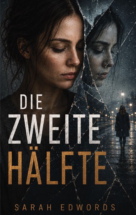 "Die zweite Hälfte" von Sarah Edwards. Eine Frau vor einem zersplitterten Spiegel, reflektiert im Regen.