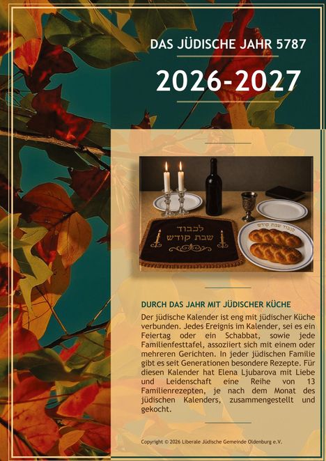 DAS JÜDISCHE JAHR 5787, 2026-2027, DURCH DAS JAHR MIT JÜDISCHER KÜCHE. Herbstliche Blätter, Kerzen und Brot auf einem Tisch.