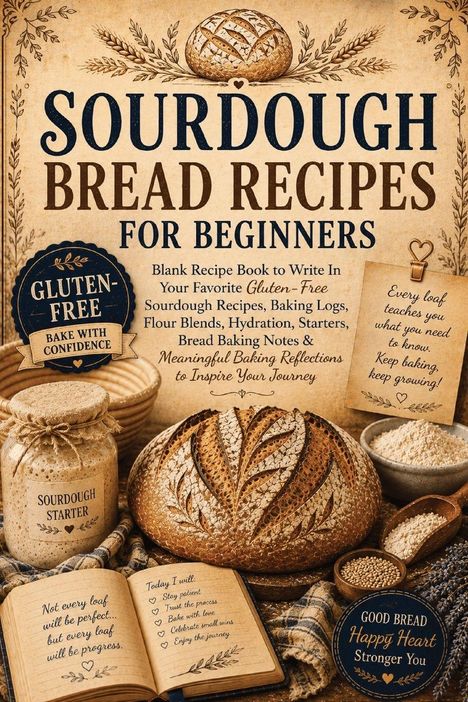 "SOURDOUGH BREAD RECIPES FOR BEGINNERS. Gluten-Free. Not every loaf will be perfect." Ein rustikales Brotsetting.