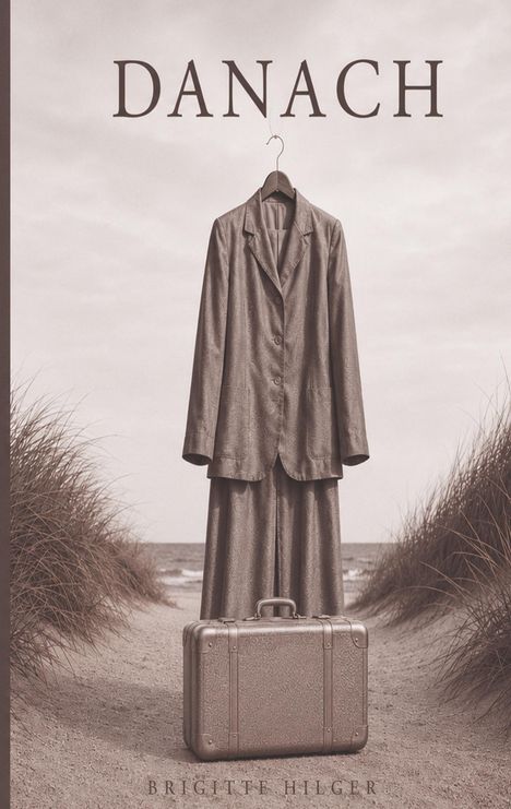 „DANACH“ steht oben, „BRIGITTE HILGER“ unten. Ein graues Kostüm hängt vor Dünen, darunter ein Koffer.