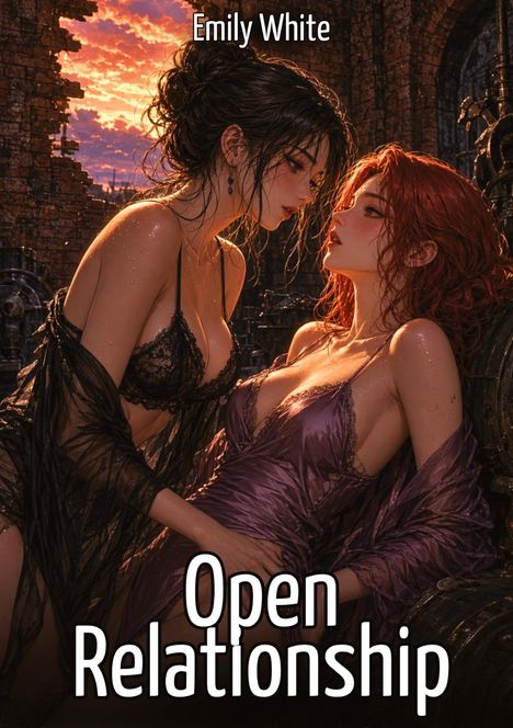 "Emily White" oben, "Open Relationship" unten. Illustration von zwei Frauen in Dessous vor einem Backsteinbogen bei Sonnenuntergang.