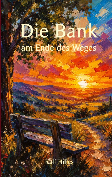 „Die Bank am Ende des Weges“ und „Ralf Hilles“. Gemälde mit Bank, Baum, Pfad und farbenfrohem Sonnenuntergang.