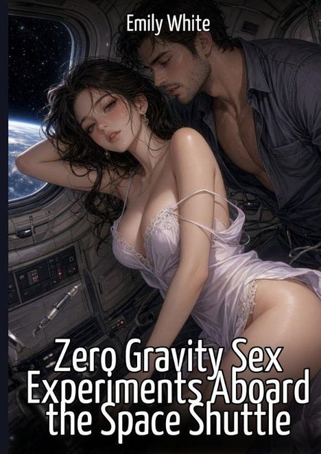Text: "Emily White", "Zero Gravity Sex Experiments Aboard the Space Shuttle". Illustration eines Paares im Weltraum.