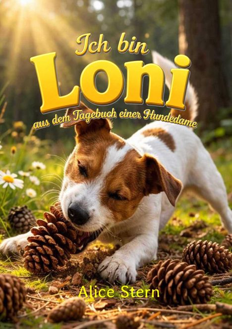"Ich bin Loni aus dem Tagebuch einer Hundedame" in großen gelben Buchstaben, Hund mit Tannenzapfen im Maul.
