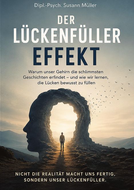 Titel: Der Lückenfüller Effekt. Silhouette eines Kopfes mit einer Person im Sonnenuntergang.