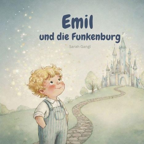 „Emil und die Funkenburg“ von Sarah Gangl. Ein Junge schaut lächelnd zu einem Schloss am Himmel voller Sterne.