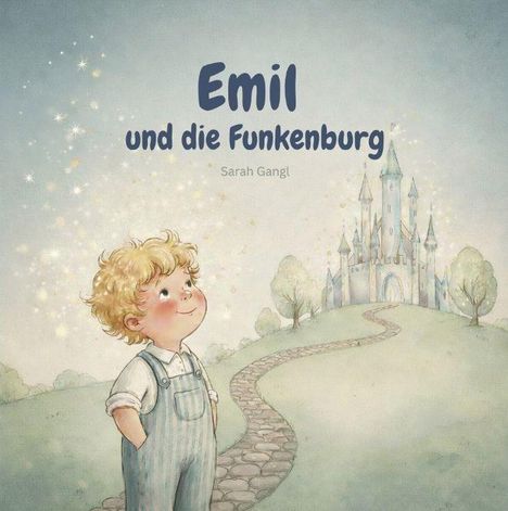 "Emil und die Funkenburg" von Sarah Gangl. Ein blondes Kind schaut lächelnd zu einem märchenhaften Schloss.