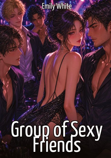 Titel: "Group of Sexy Friends" und "Emily White". Illustration: Attraktive Personen in Abendkleidung, stimmungsvolle Beleuchtung.