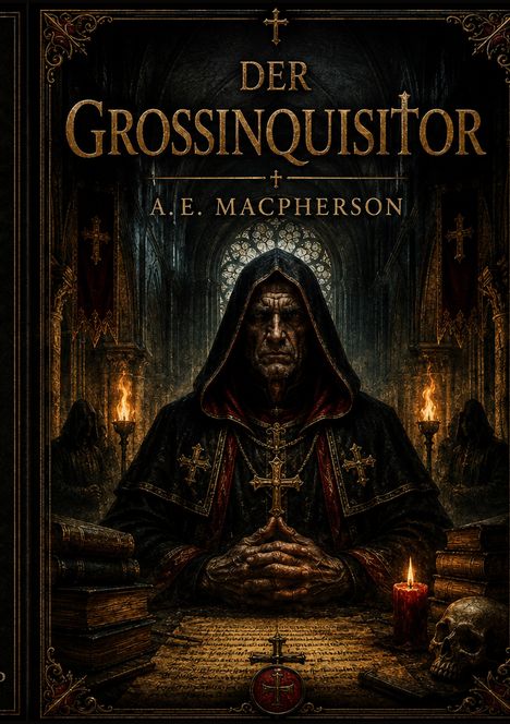 "Der Grossinquisitor", A. E. Macpherson. Ein düsterer Priester mit Kreuz, umgeben von Kerzen, Schriften und einem Schädel.