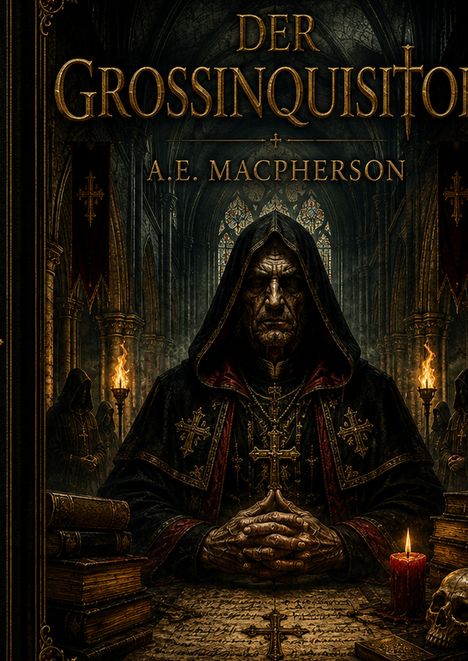 Text: "Der Grossinquisitor", "A.E. Macpherson". Eine düstere Figur in einer Kirche mit Kerzen und Büchern, in mittelalterlicher Kleidung.