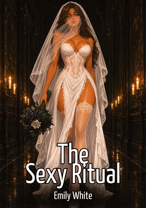 Text: "The Sexy Ritual, Emily White." Illustration einer Frau in einem aufwendigen, weißen Kleid mit Schleier, die schwarze Rosen hält.