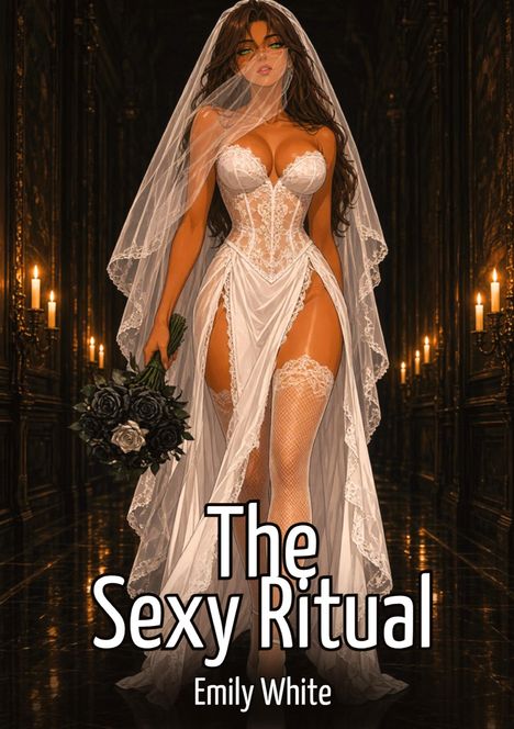 "The Sexy Ritual, Emily White." Eine Frau im aufwendigen Kleid mit Schleier, in einem dunklen, kerzenbeleuchteten Flur.