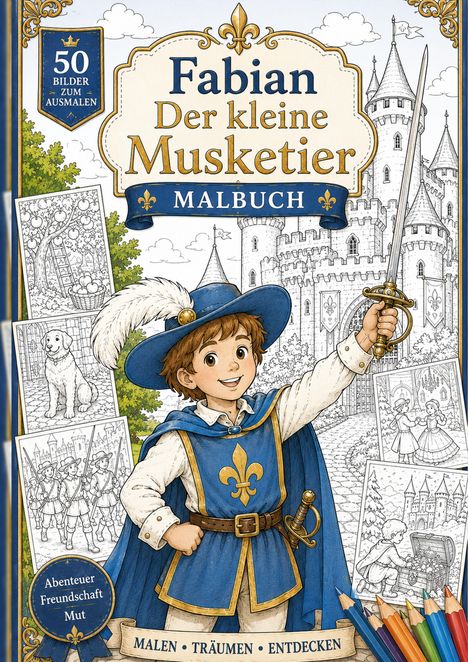 "Fabian Der kleine Musketier. 50 Bilder zum Ausmalen. Abenteuer, Freundschaft, Mut. Malen, Träumen, Entdecken." Ein Junge als Musketier.