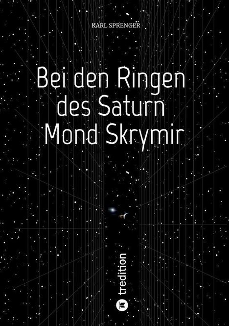 "Bei den Ringen des Saturn Mond Skrymir" steht auf einem sternenreichen Hintergrund mit einem Saturn-Mond-Motiv.