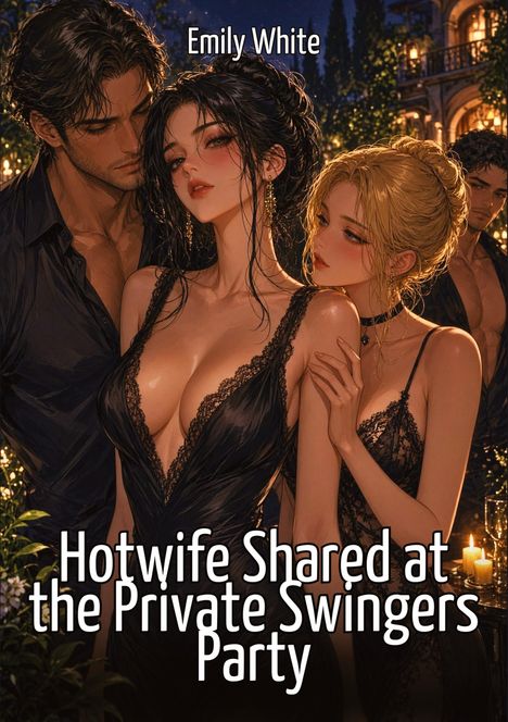 "Emily White", "Hotwife Shared at the Private Swingers Party". Illustration von drei elegant gekleideten Personen nachts.