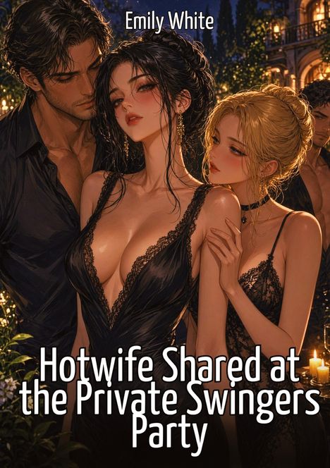Oben: Emily White. Unten: Hotwife Shared at the Private Swingers Party. Illustration von drei elegant gekleideten Personen.